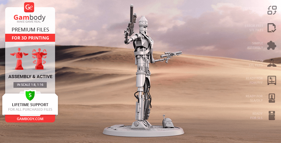 3D model of a detailed humanoid robot, posed with a weapon, set against a desert backdrop.