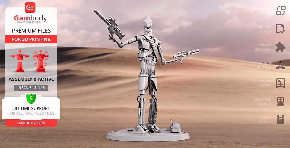 A 3D-printed model of a robotic droid holding weapons, standing on a desert-themed base.