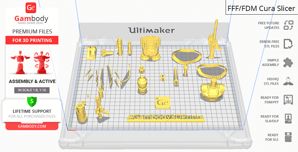 3D printed yellow parts of an IG-11 droid model, labeled for assembly on a grid layout.