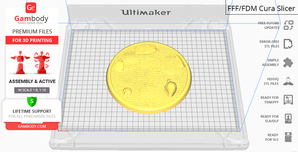 A 3D rendered image of a yellow, round object on a virtual printing bed in Cura slicer software.