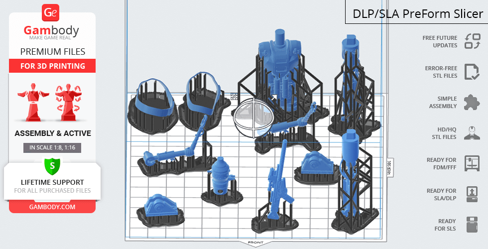 3D printing layout of IG-11 droid parts in blue, supported by black structures, on a grid background.