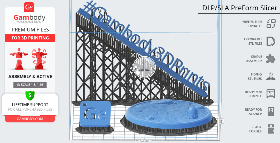 3D model of IG-11 Droid for printing, with supports and Gambody logo in slicer software interface.