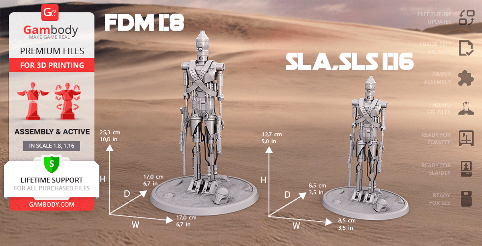 3D models of IG-11 droid, with size comparisons for FDM and SLA/SLS printing scales.