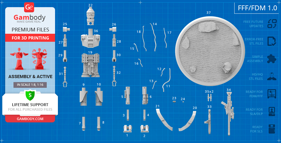 3D printing kit layout for assembling IG-11 droid, showing labeled parts on a blueprint background.