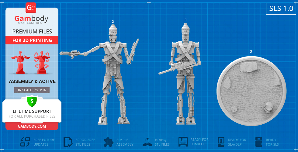 3D model of a humanoid droid with weapons, displayed with a circular base for 3D printing.