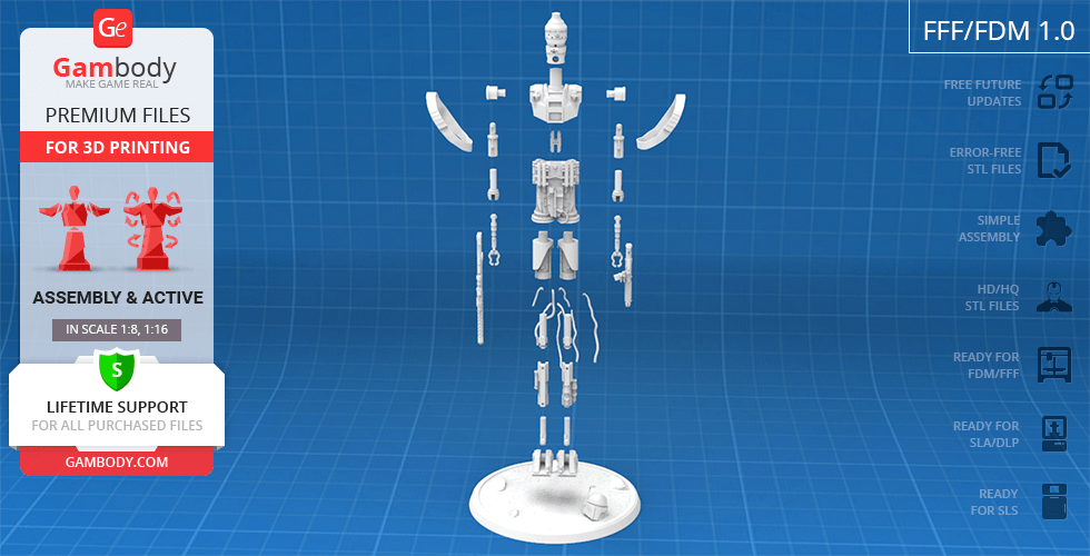 Exploded view of IG-11 droid 3D model parts on a blue grid background.