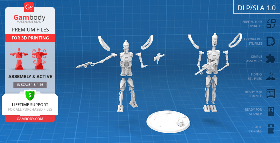 Two white IG-11 droid 3D models with assembly parts on a blue grid background.