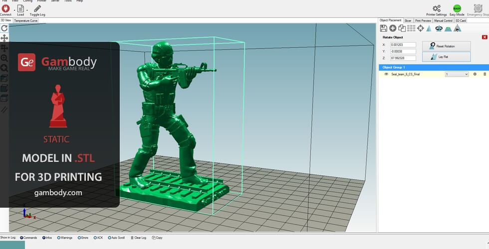 3D model of a Counter-Strike terrorist aiming a rifle, displayed in a 3D printing software.