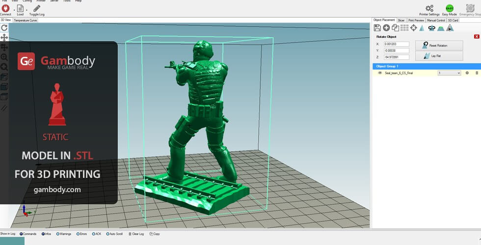 3D model of a tactical soldier aiming a gun, ready for 3D printing on a grid platform.