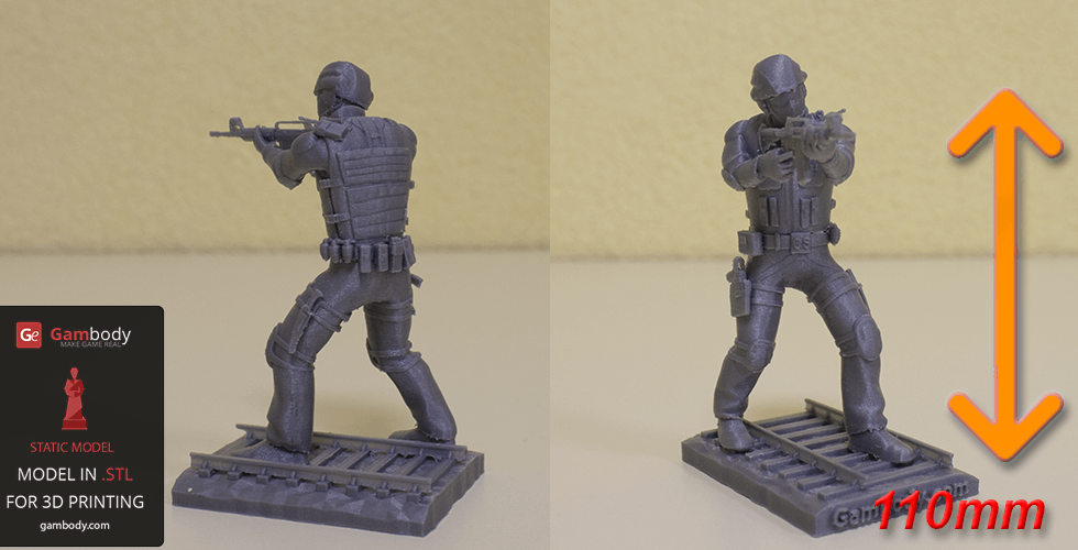 3D printed model of a Counter-Strike terrorist holding a rifle, measuring 110mm tall.