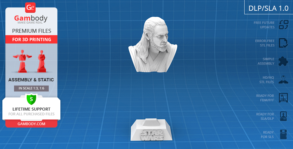 Bust of a long-haired Jedi, detailed for 3D printing, on a Star Wars-themed base.