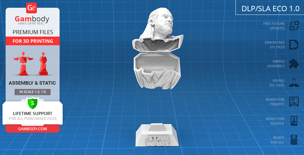 3D model bust of a bearded man with long hair, split into segments, on a 'Star Wars' base.