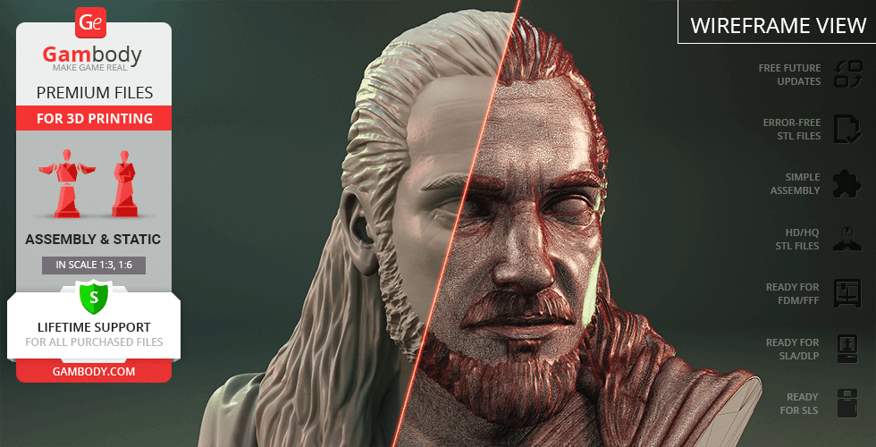 Bust of a male character with long hair and beard; split view showing detailed and wireframe render.