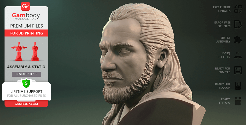 Bust of a bearded man with long hair, designed for 3D printing.