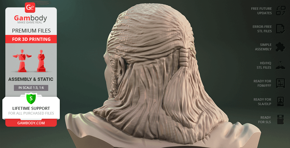 3D printed bust of a robed character with long, detailed hair, viewed from behind.