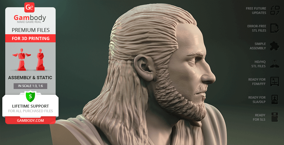 A detailed 3D bust of a bearded man with long hair, designed for 3D printing.