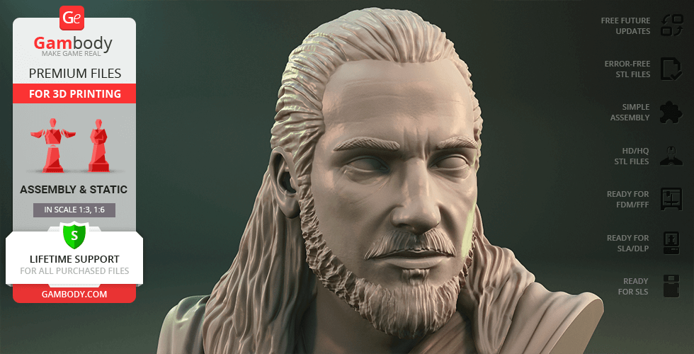 3D printed bust of a bearded man with long hair, detailed facial features, and robes, labeled for 3D printing.