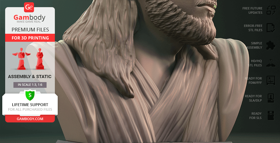 3D model bust of Qui-Gon Jinn, featuring detailed robe and beard, designed for 3D printing.