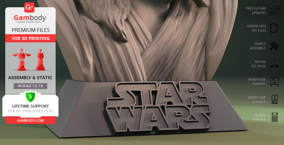 A bust model with flowing robes on a base featuring a 'Star Wars' logo, designed for 3D printing.