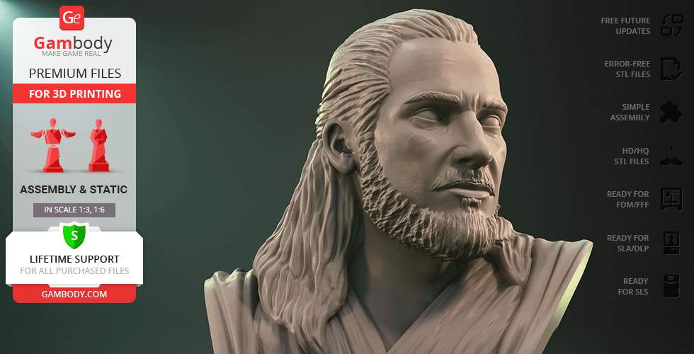 A 3D printed bust of a bearded man with long hair, showcasing detailed facial features and clothing folds.