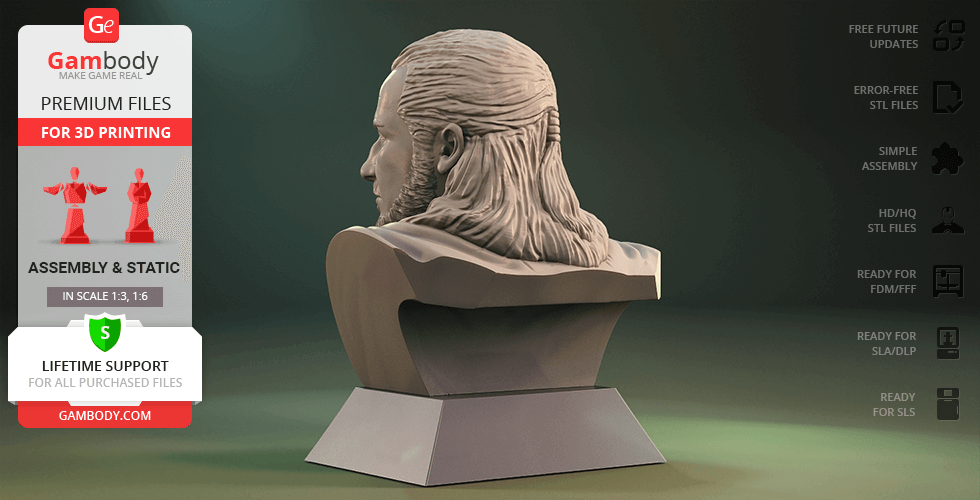 Bust of a bearded man with long hair on a pedestal, shown from the side, optimized for 3D printing.