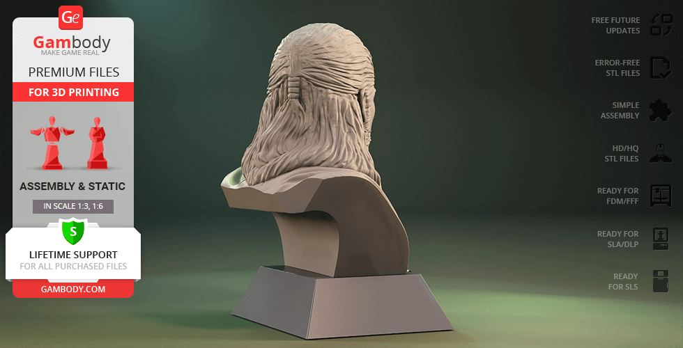 3D bust of a robed figure with long hair on a display stand, shown from the back.