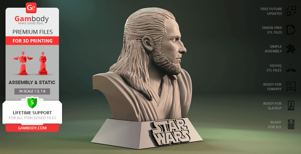 Bust of a bearded man with long hair on a 'Star Wars' base, designed for 3D printing.