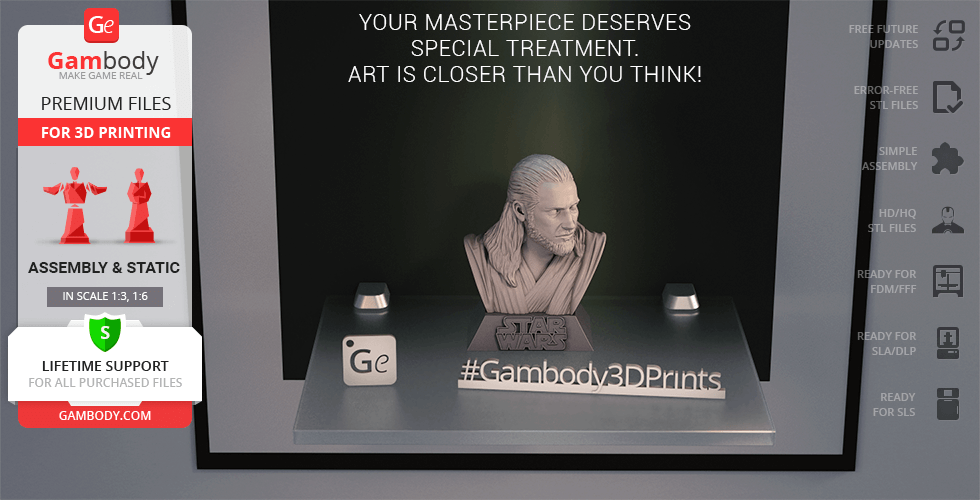 Qui-Gon Jinn bust 3D model displayed, ready for 3D printing, labeled with hashtags and features.