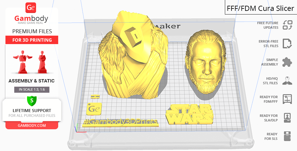 Qui-Gon Jinn bust pieces for 3D printing, including head and robe, with Star Wars logo.