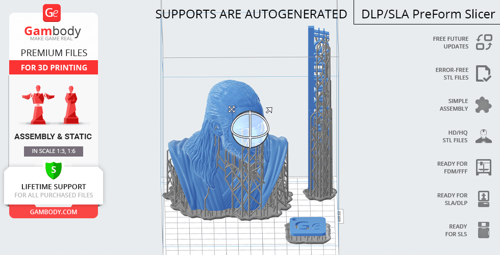 3D bust model of a robed figure with autogenerated supports for printing.