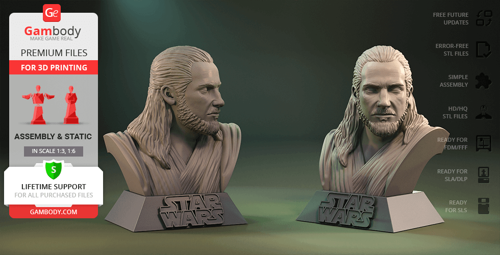 Bust of a long-haired, bearded character from a sci-fi series on a 'Star Wars' base, ready for 3D printing.