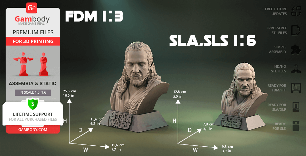 Busts of a bearded man with long hair on 'Star Wars' bases, shown in 1:3 and 1:6 scales.