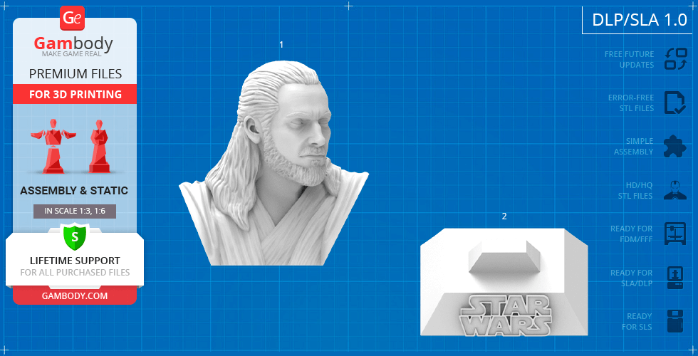 Bust of a bearded figure with long hair, accompanied by a Star Wars-themed base for 3D printing.