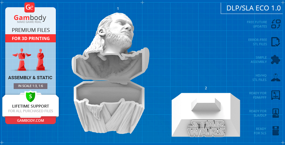 A 3D printable bust of a bearded man with long hair, split into parts; includes a base with 'Star Wars' text.