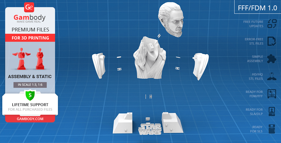 3D printable Qui-Gon Jinn bust model, shown in assembly parts on a blue grid background.